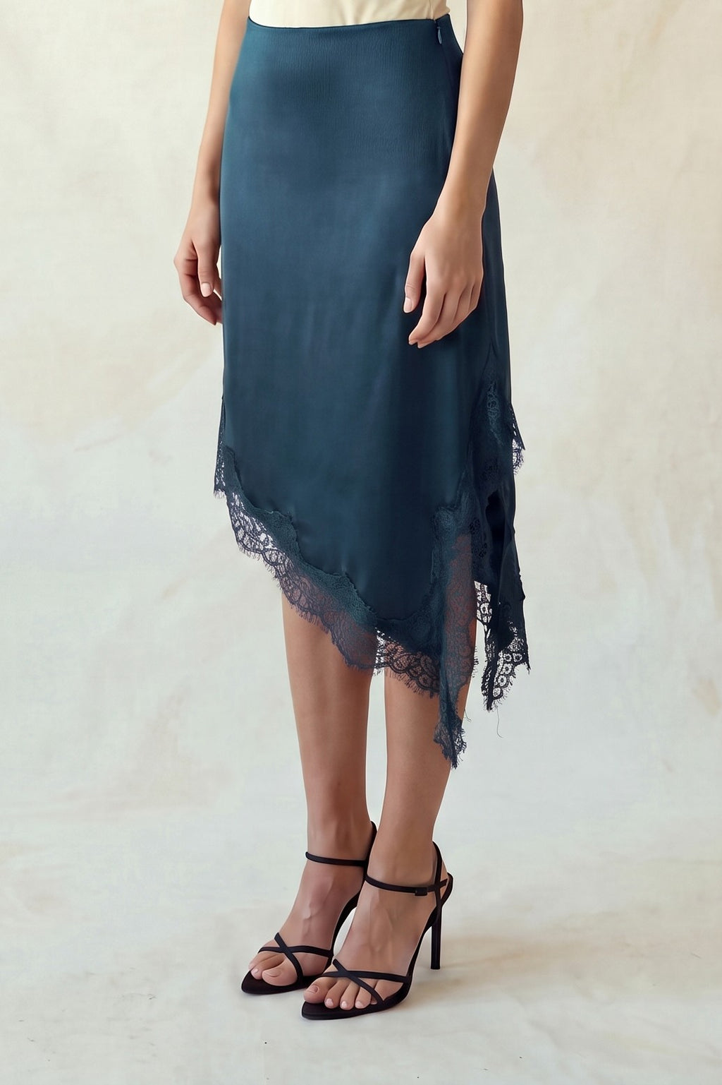 SKT 1087 - Lace Trim High-Low Satin Skirt