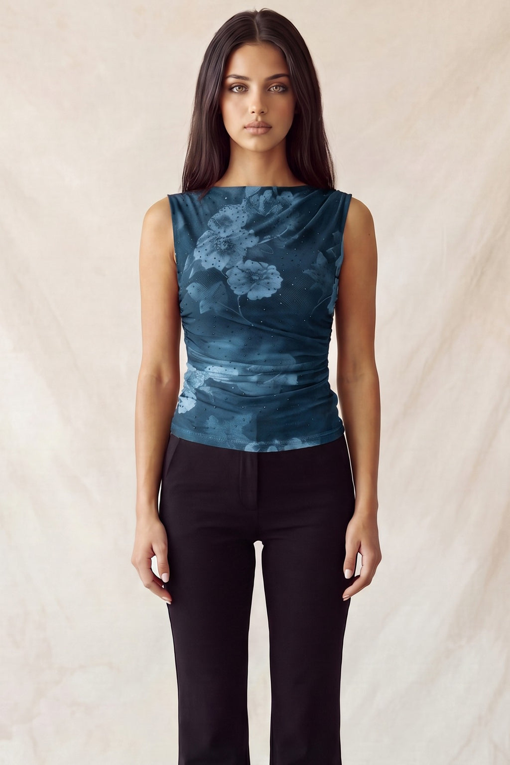 DT 1992 - Ruched Rhinestone Flower Print Top