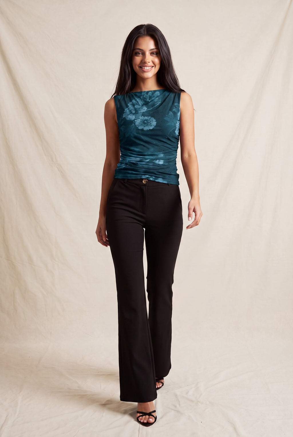 DT 1992 - Ruched Rhinestone Flower Print Top