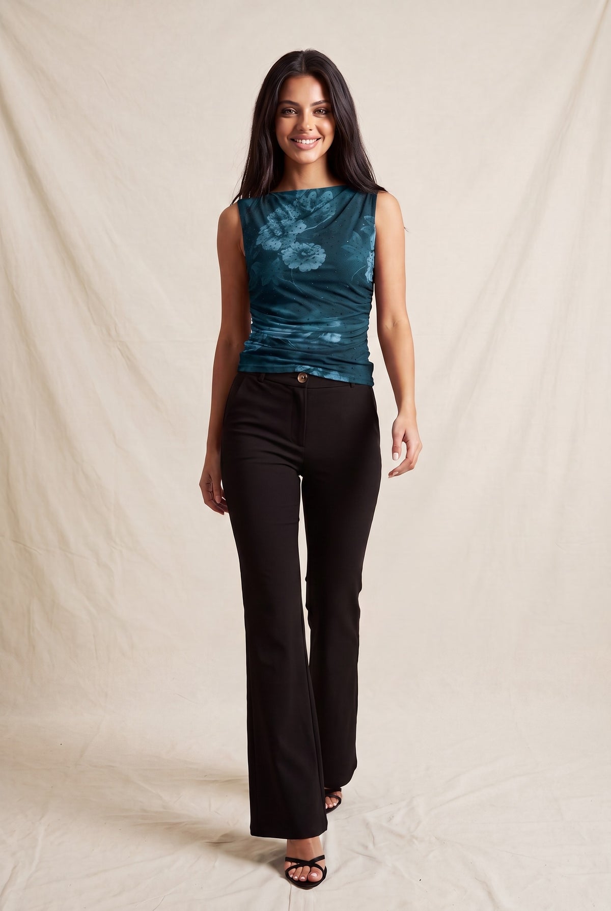 DT 1992 - Ruched Rhinestone Flower Print Top