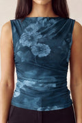 DT 1992 - Ruched Rhinestone Flower Print Top