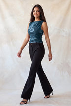 DT 1992 - Ruched Rhinestone Flower Print Top