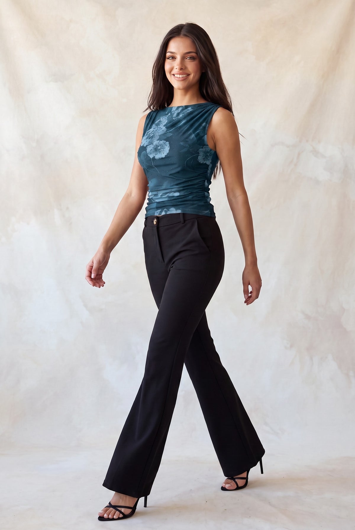 DT 1992 - Ruched Rhinestone Flower Print Top