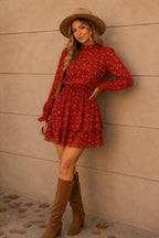 CD 3761 - High Neck Smocked Waist Ruffle Dress