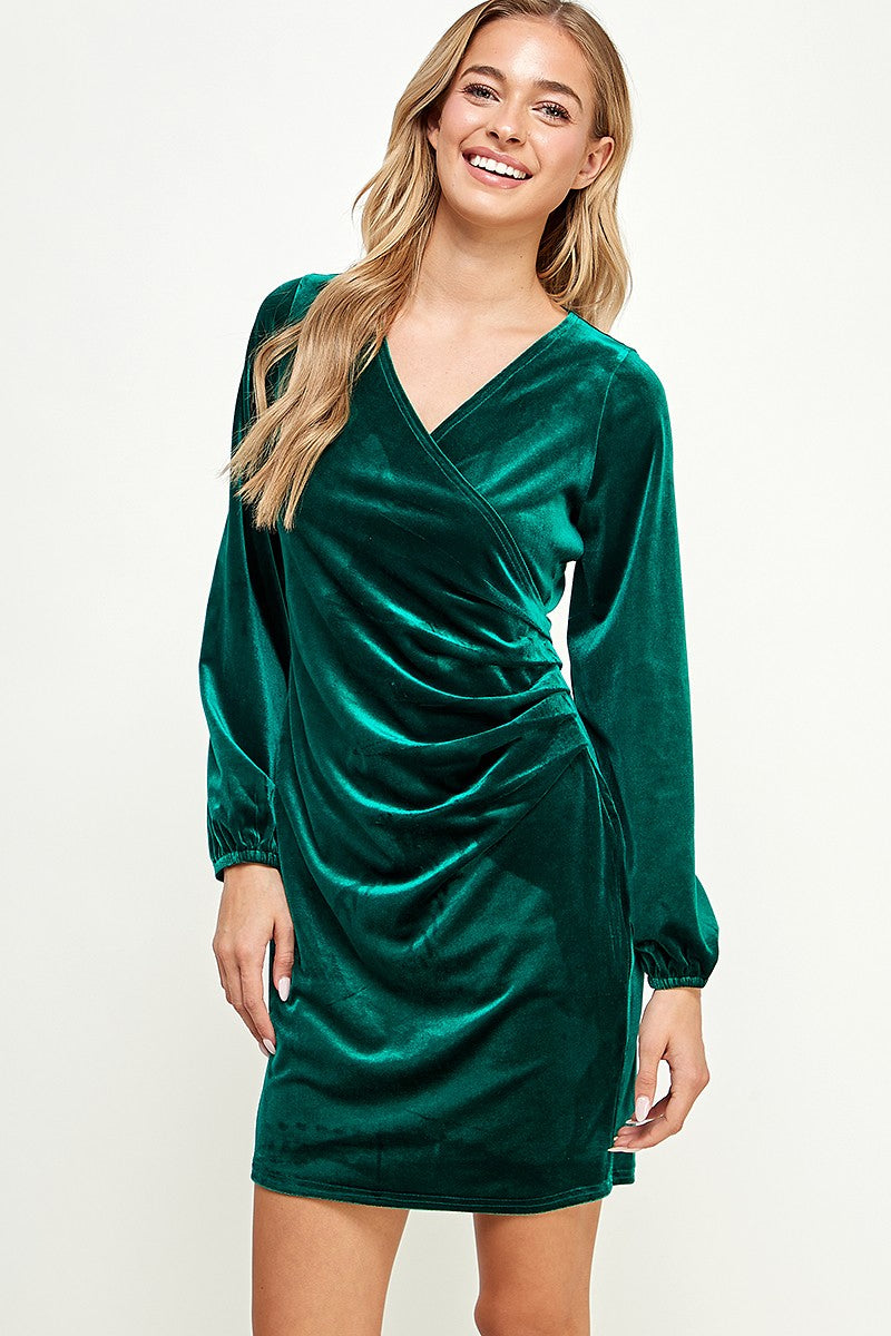 DD 1491 - Long Sleeve Pleated Velvet Dress