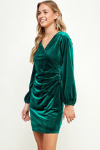 DD 1491 - Long Sleeve Pleated Velvet Dress