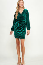 DD 1491 - Long Sleeve Pleated Velvet Dress