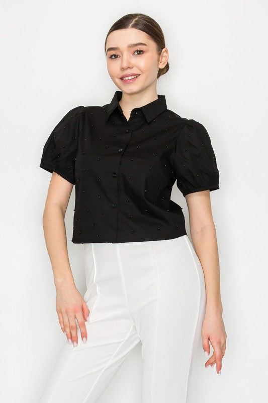 DT 1669 - Pearl Detail Button Down Crop Top