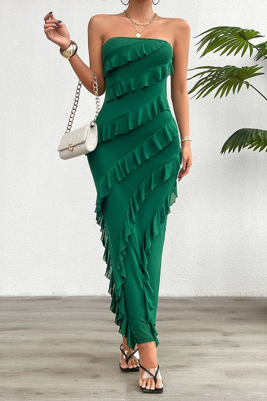 LD 608 - Off Shoulder Ruffle Maxi Dress