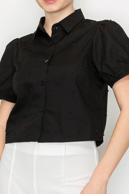 DT 1669 - Pearl Detail Button Down Crop Top