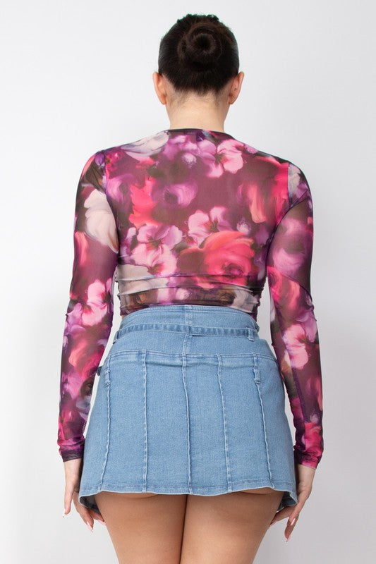 DT 1789 - Floral Fitted Sheer Crop Top