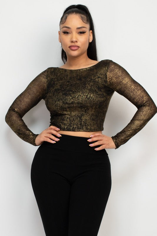 DT 1797 - Metallic Mesh Long Sleeve Crop Top