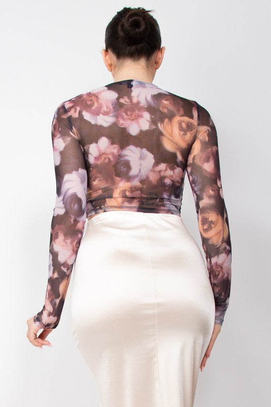 DT 1789 - Floral Fitted Sheer Crop Top