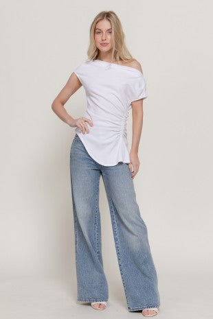 CT 2875 - Off Shoulder Ruched Rib Top