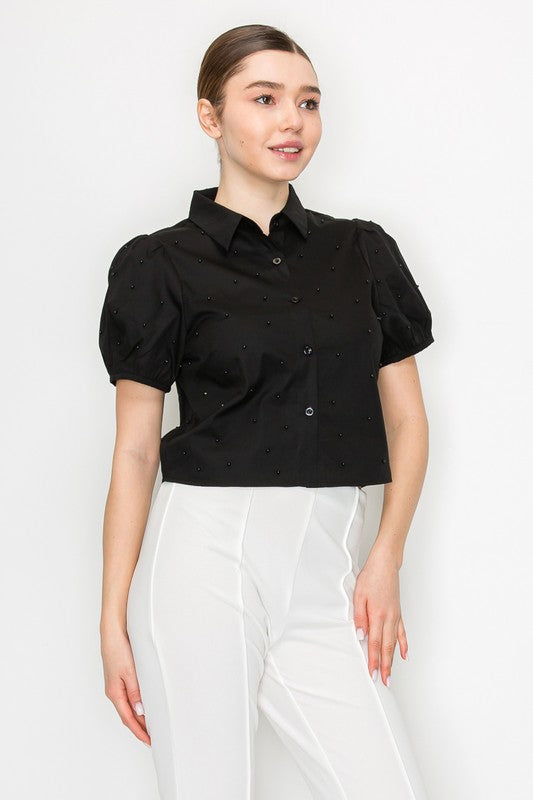 DT 1669 - Pearl Detail Button Down Crop Top