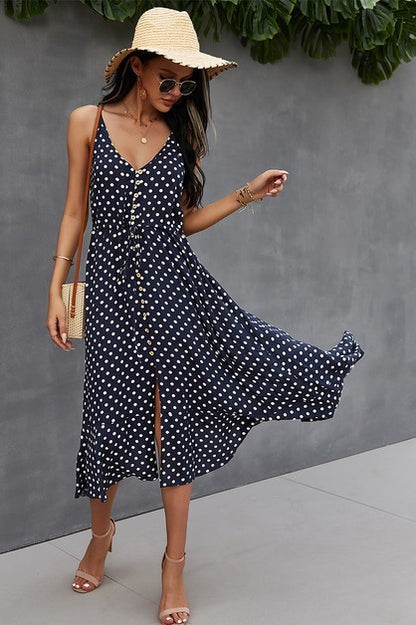 CD 3613 - Polka Dot Drawstring Midi Dress