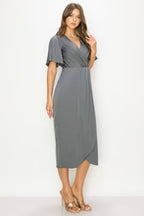 DD 1432 - Flutter Sleeve Wrap Midi Dress