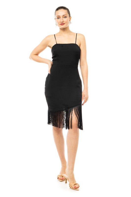 DD 1387 - Asymmetrical Satin Fringe Dress