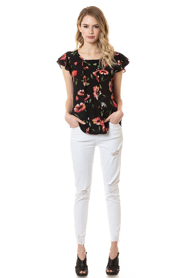 CT 2870 - Floral Print Ruffle Sleeve Top