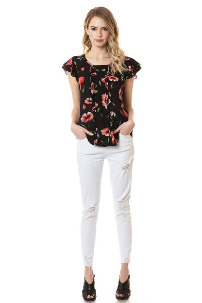 CT 2870 - Floral Print Ruffle Sleeve Top