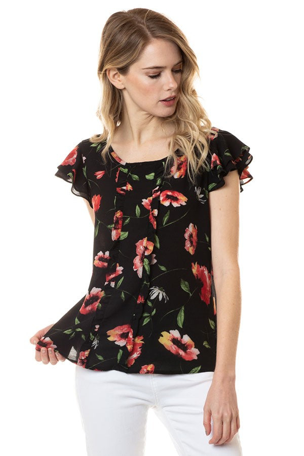 CT 2870 - Floral Print Ruffle Sleeve Top