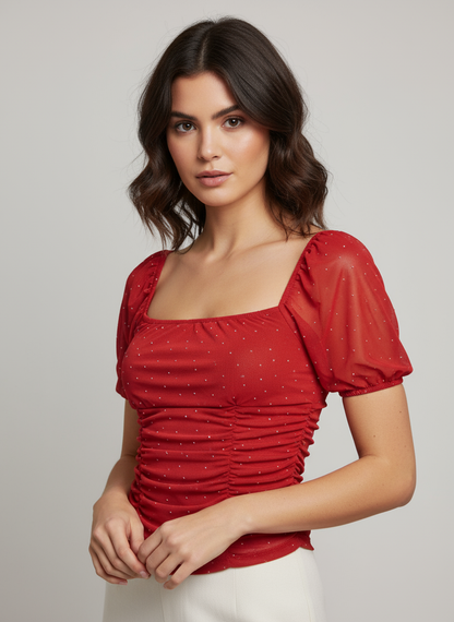 DT 1799 - Ruched Body Rhinestone Accent Top