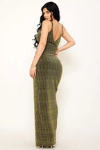 GOWN 425 - Metallic Rhinestone Surplice Maxi Dress