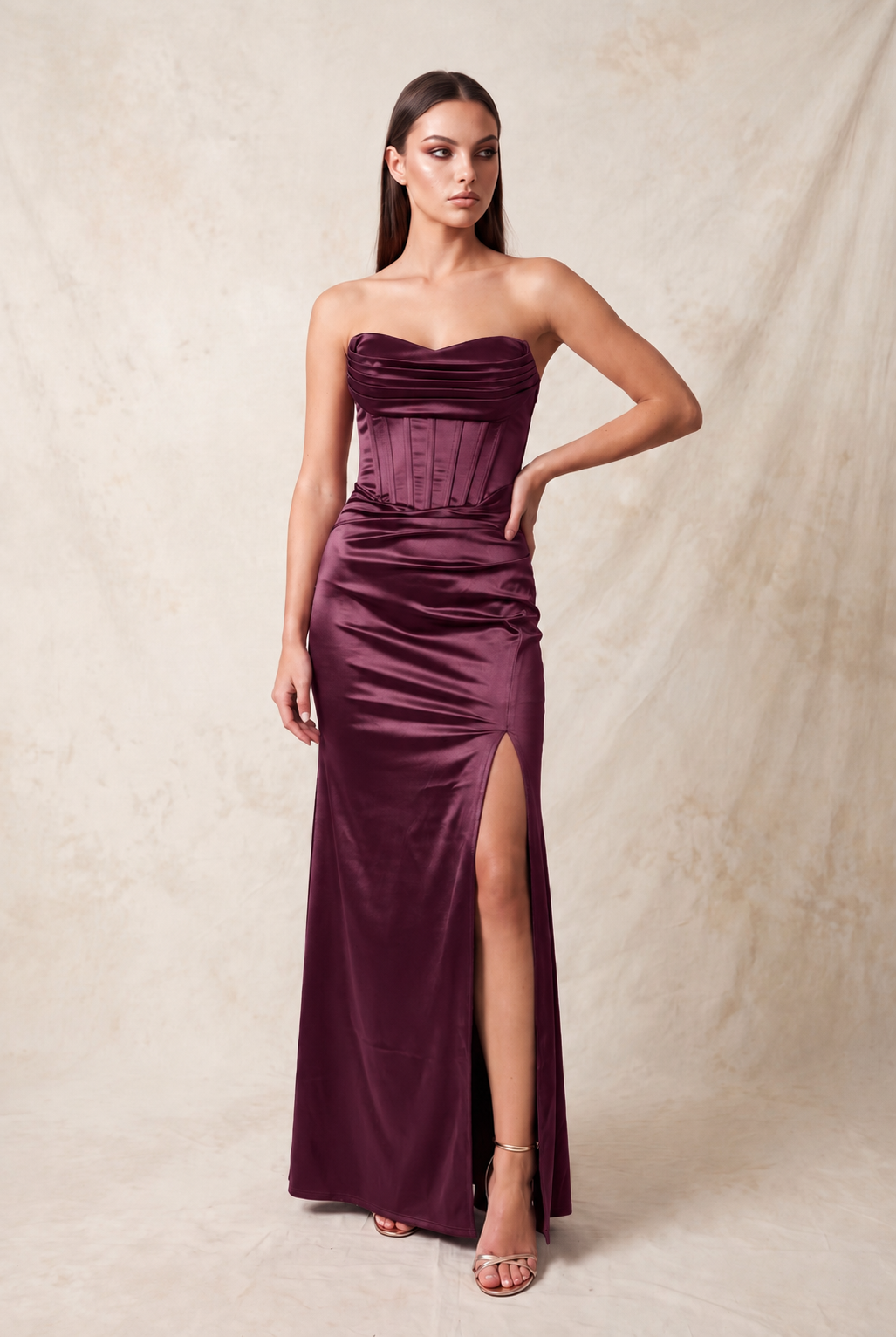GOWN 435 - Side Slit Satin Corset Dress