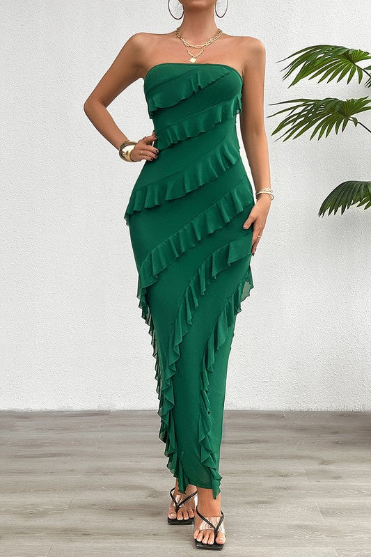 LD 608 - Off Shoulder Ruffle Maxi Dress