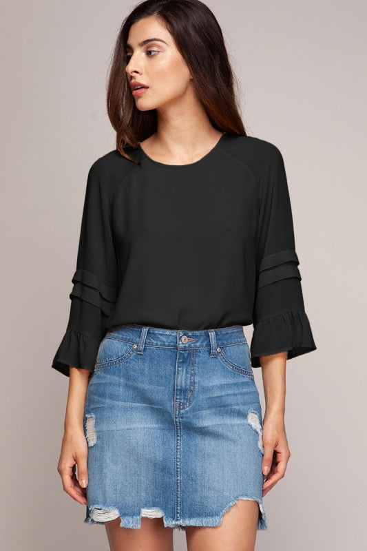 DT 1770 - Ruffle Accent Long Sleeve Blouse
