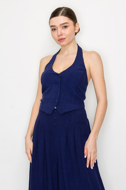 SET 022 - Button Down Open Back Crop Top