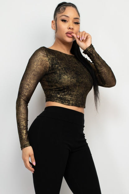 DT 1797 - Metallic Mesh Long Sleeve Crop Top