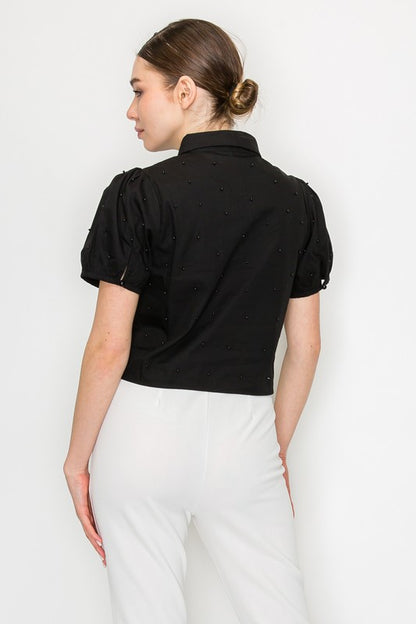 DT 1669 - Pearl Detail Button Down Crop Top