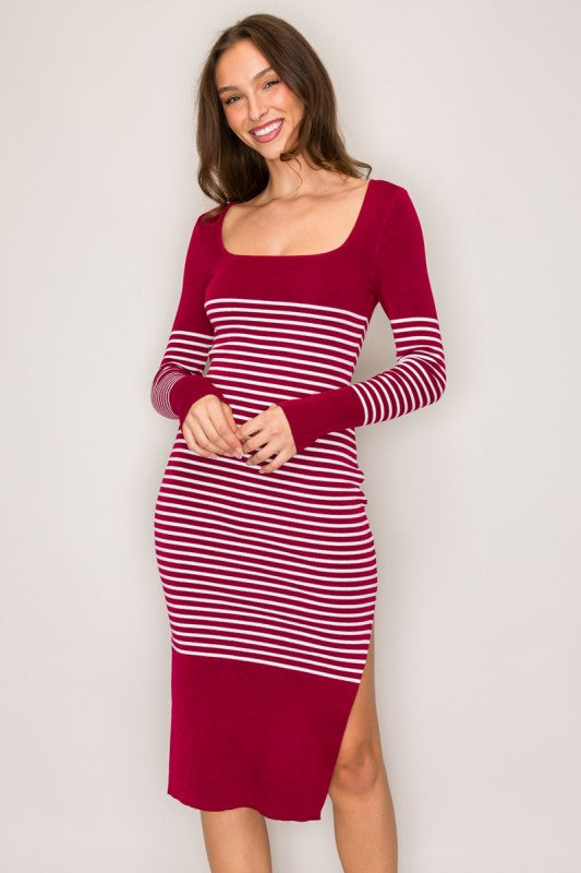 SWT 015 - Striped Side Slit Sweater Dress
