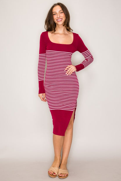 SWT 015 - Striped Side Slit Sweater Dress